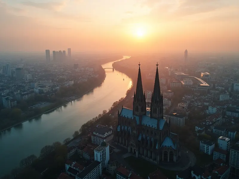 Stimmungsbild: Luftaufnahme einer Stadt am Fluss im Abendlicht