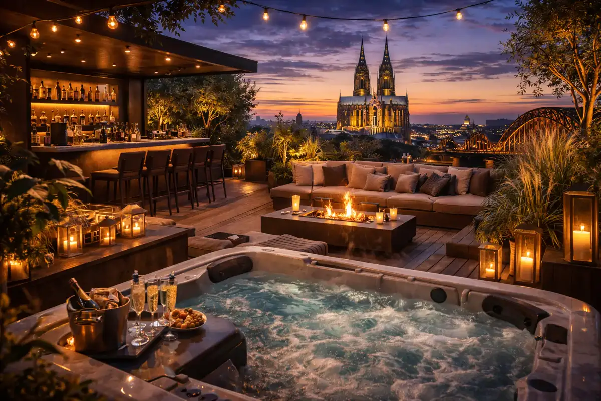 Rooftop-Terrasse bei Sonnenuntergang mit goldener Atmosphäre