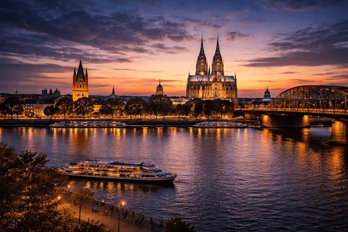 Köln Skyline bei Sonnenuntergang mit Rheinpromenade und Deutzer Brücke